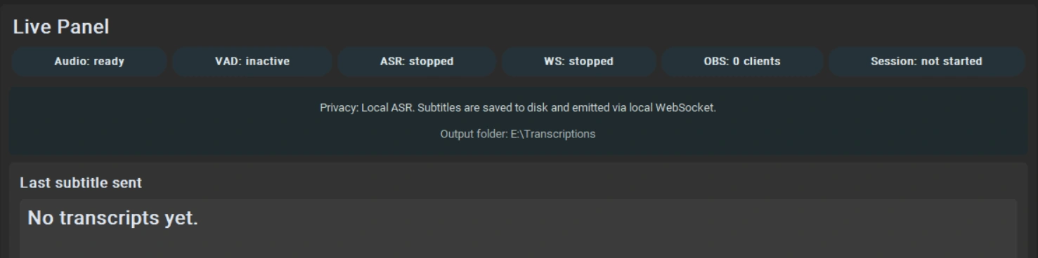 LiveAudio live panel with audio, VAD, ASR, WebSocket, OBS and session status indicators above subtitle output.