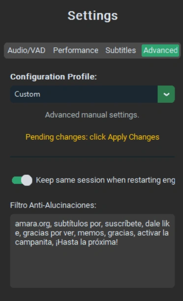 LiveAudio advanced settings with restart-session behavior and a post-processing filter text field.
