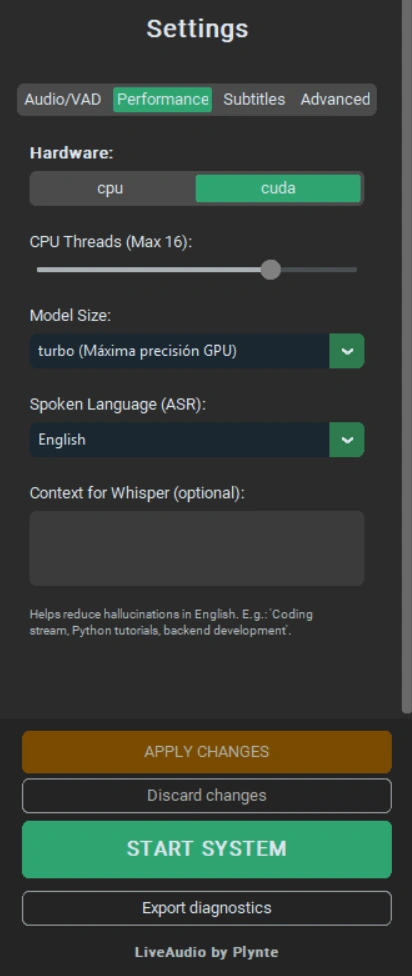 LiveAudio settings panel with tabs for audio and VAD, performance, subtitles and advanced controls.