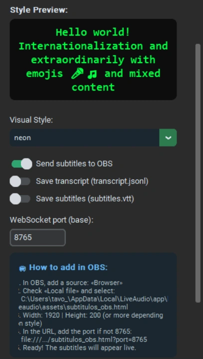 LiveAudio subtitle settings with a visual style preview, OBS output option, transcript options and WebSocket port field.
