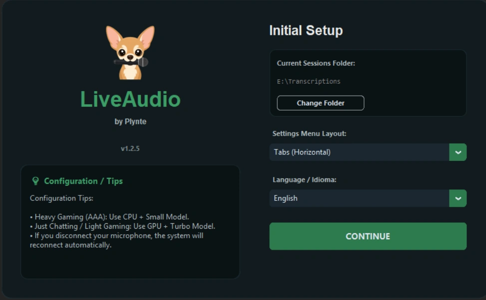 LiveAudio initial setup screen with a sessions folder selector, layout and language selectors, configuration tips, and a continue button.