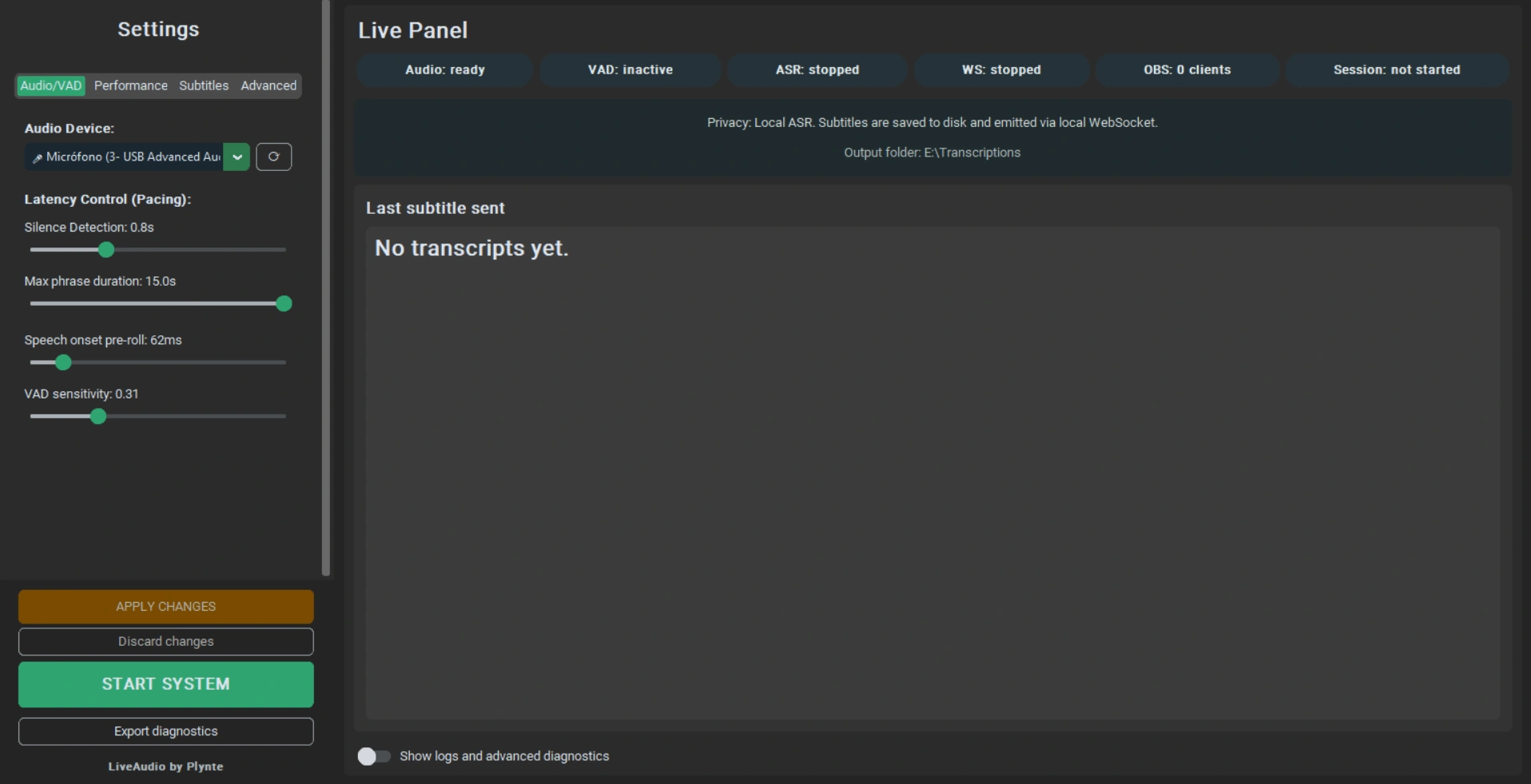 LiveAudio desktop workspace showing settings on the left and the live panel with caption output on the right.