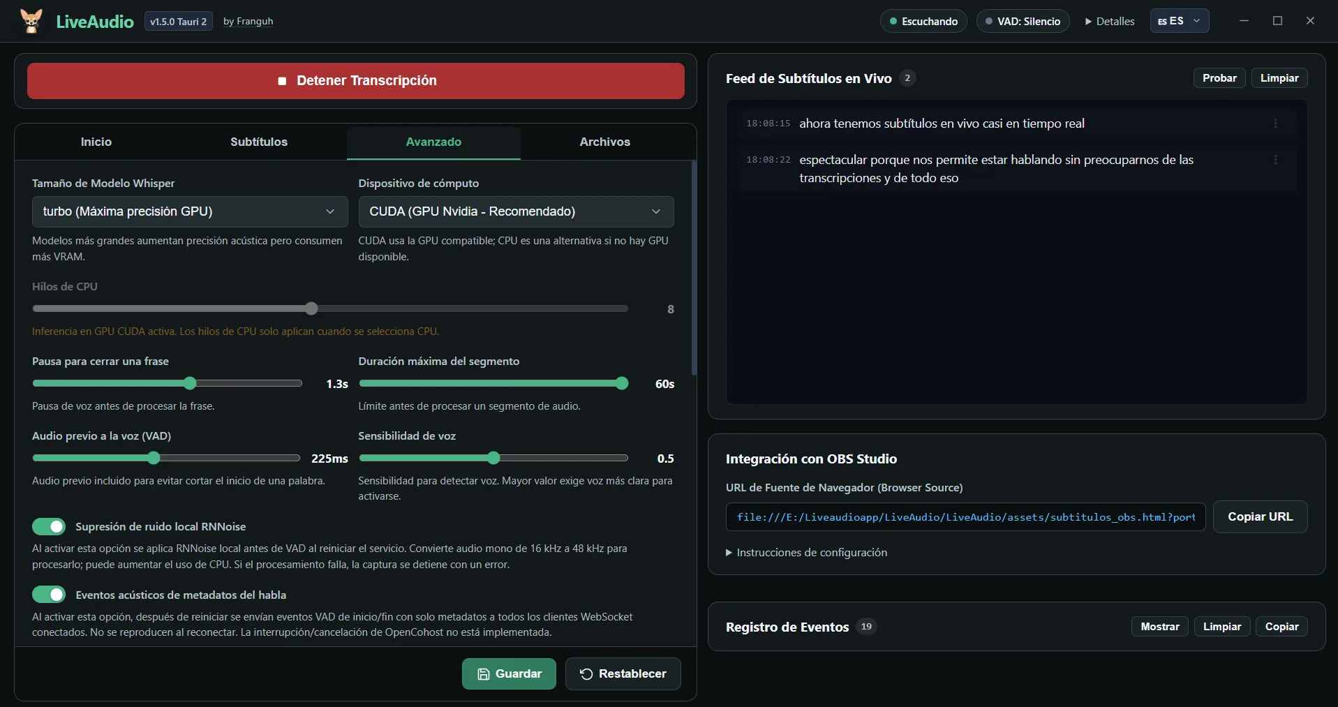 LiveAudio v1.5.0 desktop showing the Advanced tab with Whisper turbo on CUDA, voice-activity tuning, live subtitle feed and OBS Studio integration.